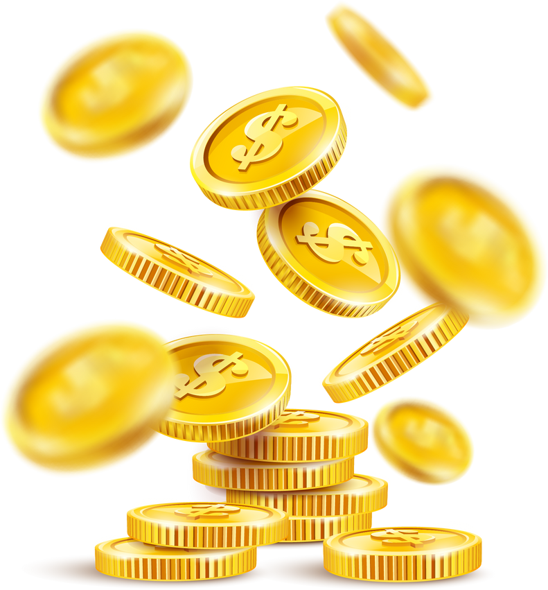 Gold coins cash money pile stack falling dollar Coins. PNG